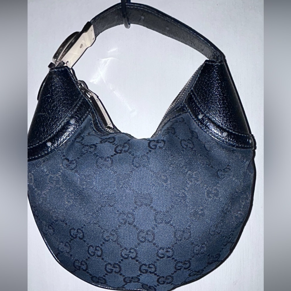 AUTHENTICATED GUCCI GG Small Hobo Half Moon Black Canvas and Leather Trim Bag